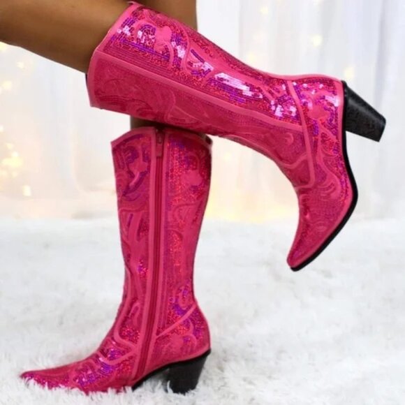 Helens Heart Tall Sequin Cowboy Boots US 7 Hot Pink Fuschia Western Worn Once! - Picture 2 of 9